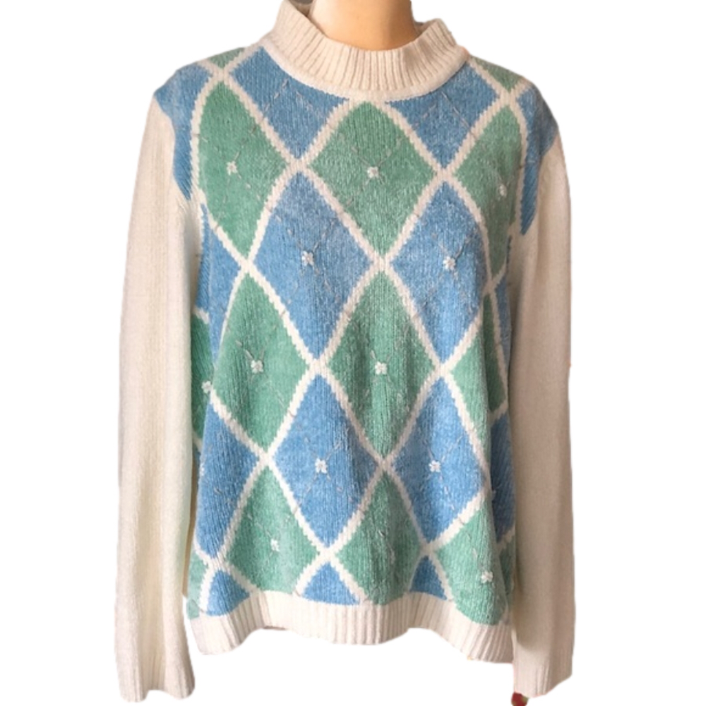 90s Alfred Dunner blue, green, and cream argyle, mock-neck knit sweater, size XL